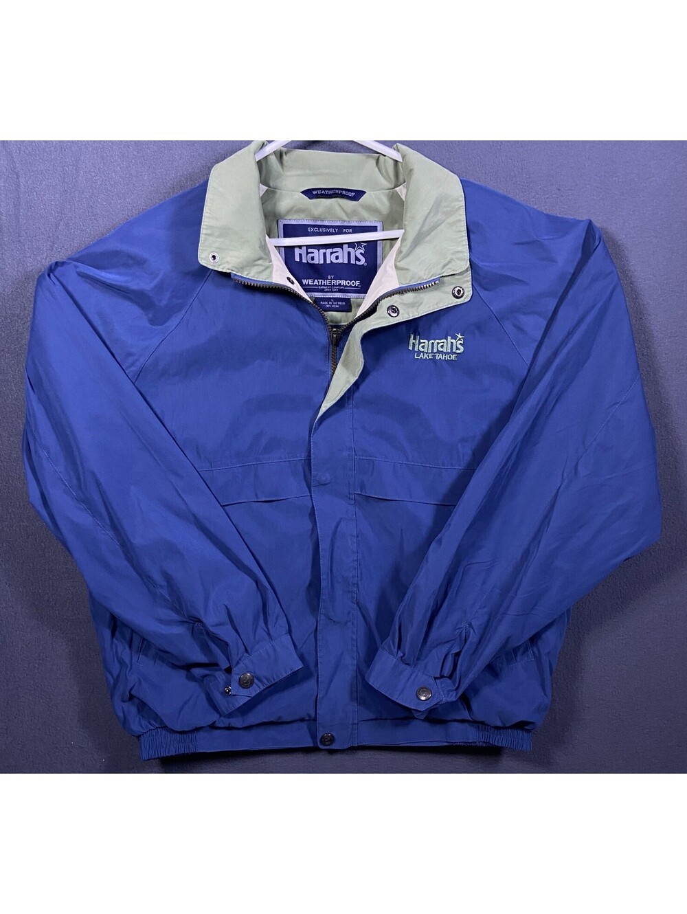 Weatherproof L Mens Jacket Navy Harrah's Casino Lake Tahoe Windbreaker Rain EUC!